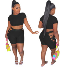 Fashion Casual Rib Sports Short Sleeve  And  Tie Up Shorts Sets AL-236 