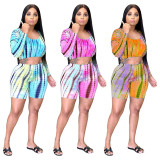 Casual Gradient Print Long Sleeve Shorts Two Piece Sets YIY-5266