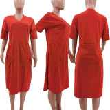 Plus Size Loose Solid Color V-neck Casual Pockets Midi Dress TK-6153