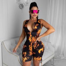 Sexy Flame Print Hollow Tie Up Rompers WUM-75