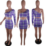 Plaid One Shoulder Mini Skirt Two Piece Sets BLI-2241