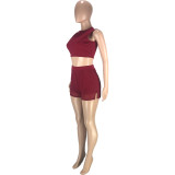 Fashion Casual Solid Color Vest Shorts Mesh Splice Side Split Sports 2 Piece Sets MEI-9159