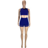 Fashion Casual Solid Color Vest Shorts Mesh Splice Side Split Sports 2 Piece Sets MEI-9159