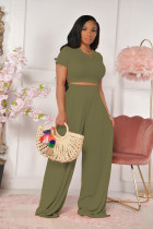 Casual Solid Color Short Sleeve Wide Leg Pants Two Piece Sets FOSF-8059