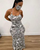 Sexy Slim Printed Sling Backless Maxi Dress (Without Mask) FENF-104