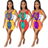 Ribbed Spliced Tie Up Vest And Shorts Casual Fashion Two Piece Sets NIK-223