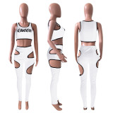 Fashion Sports Slim Letter Print Vest And Hollow Pants Two Piece Sets NIK-220