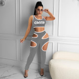 Fashion Sports Slim Letter Print Vest And Hollow Pants Two Piece Sets NIK-220
