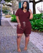Solid V Neck Casual Two Piece Shorts Set YSYF-7289