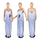 Plus Size Sexy Striped V Neck Pocket Slip Maxi Dress YFS-3659