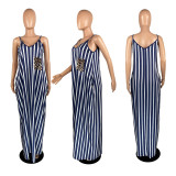 Plus Size Sexy Striped V Neck Pocket Slip Maxi Dress YFS-3659