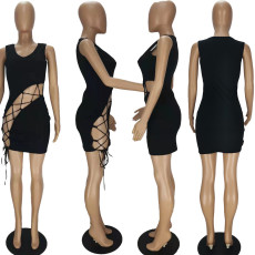  Black Sexy Hollow Tie Up Mini Dress QMF-7032
