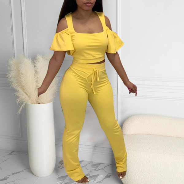 Sexy Ruffled Sleeve Crop Top And Pants 2 Piece Sets CQF-949