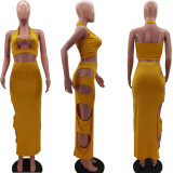 Solid Sleeveless Hole Hollow Out Bodycon Long Skirt Sets HM-6512