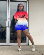 PINK Letter Gradient Casual Sports T-shirt Shorts Two Piece Sets DSF-8012