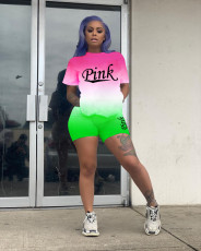PINK Letter Gradient Casual Sports T-shirt Shorts Two Piece Sets DSF-8012