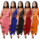 Solid Sleeveless Hole Hollow Out Bodycon Long Skirt Sets HM-6512