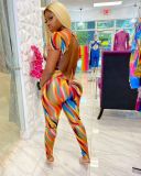 Colorful Printed Short Sleeve Backless Jumpsuit LDS-3267
