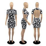 Poker Print Backless Short Sleeve Mini Dress DDF-8079