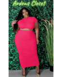 Plus Size Solid Short Sleeve Long Skirt 2 Piece Sets MOF-6616