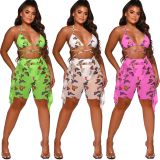 Butterfly Print Swimwear Mesh Bra Top Ruffled Shorts 2 Piece Sets ORY-5188