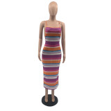 Fashion Striped Sling Backless Maxi Dress QSF-5066