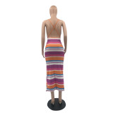 Fashion Striped Sling Backless Maxi Dress QSF-5066