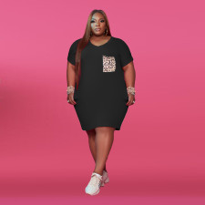 Plus Size Leopard Pocket V Neck T Shirt Dress YFS-3689