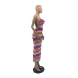 Fashion Striped Sling Backless Maxi Dress QSF-5066