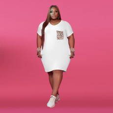 Plus Size Leopard Pocket V Neck T Shirt Dress YFS-3689