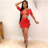 Sexy Lace Up Hollow Out Two Piece Skirt Sets YIBF-6055