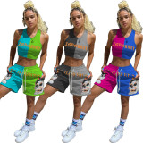 Color Block Fashion Casual Sports Print Vest And Shorts Suit ANNF-6068