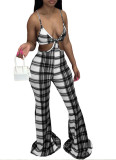Sexy Plaid Spaghetti Strap Hollow Flared Jumpsuit NM-8348