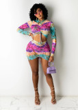 Tie Dye Ruched Long Sleeve Mini Skirt 2 Piece Sets BS-1260
