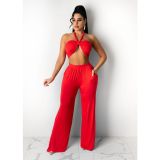 Sexy Solid Halter Crop Top Wide Leg Pants 2 Piece Sets IV-8201