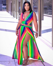 Sexy Rainbow Print V-neck Top And Skirt Two Piece Sets MUL-165