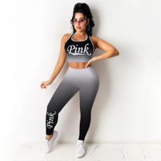 Casual Sports Gradient Slim PINK Letter Vest And Pants  Two Piece Sets YNB-7156