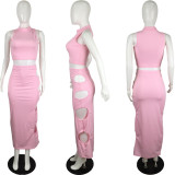 Solid Sleeveless Hole Skirt Two Piece Sets QYF-5052
