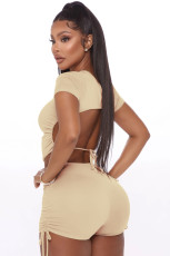 Solid Backless Rauched Two Piece Short Sets IV-8195