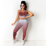 Casual Sports Gradient Slim PINK Letter Vest And Pants  Two Piece Sets YNB-7156