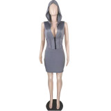 Sexy Hooded Sleeveless V Neck Zipper Mini Dress YAOF-8001