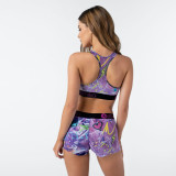 Fashion Print Sports Fitness Vest Shorts Two Piece Sets LSL-6422