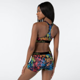 Fashion Print Sports Fitness Vest Shorts Two Piece Sets LSL-6424