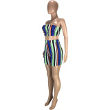 Fashion Casual Striped Print Slim Tube Top Shorts Two Piece Sets MEI-9167