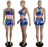 Fashion Print Sports Fitness Vest Shorts Two Piece Sets LSL-6422