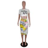 Graffiti Print Short Sleeve Split Midi Skirt 2 Piece Sets AWF-0006