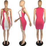 Fashion Sexy Contrast Color Splice Hollow Tie Up  Mini Dress MN-9288