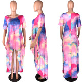 Plus Size Color Tie-dye Fashion Short Sleeve Loose Dress WAF-7022