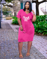 Plus Size PINK Letter Print V-neck Fashion Casual Midi Dress ARM-8261