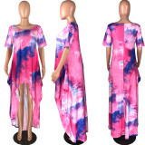 Plus Size Color Tie-dye Fashion Short Sleeve Loose Dress WAF-7022